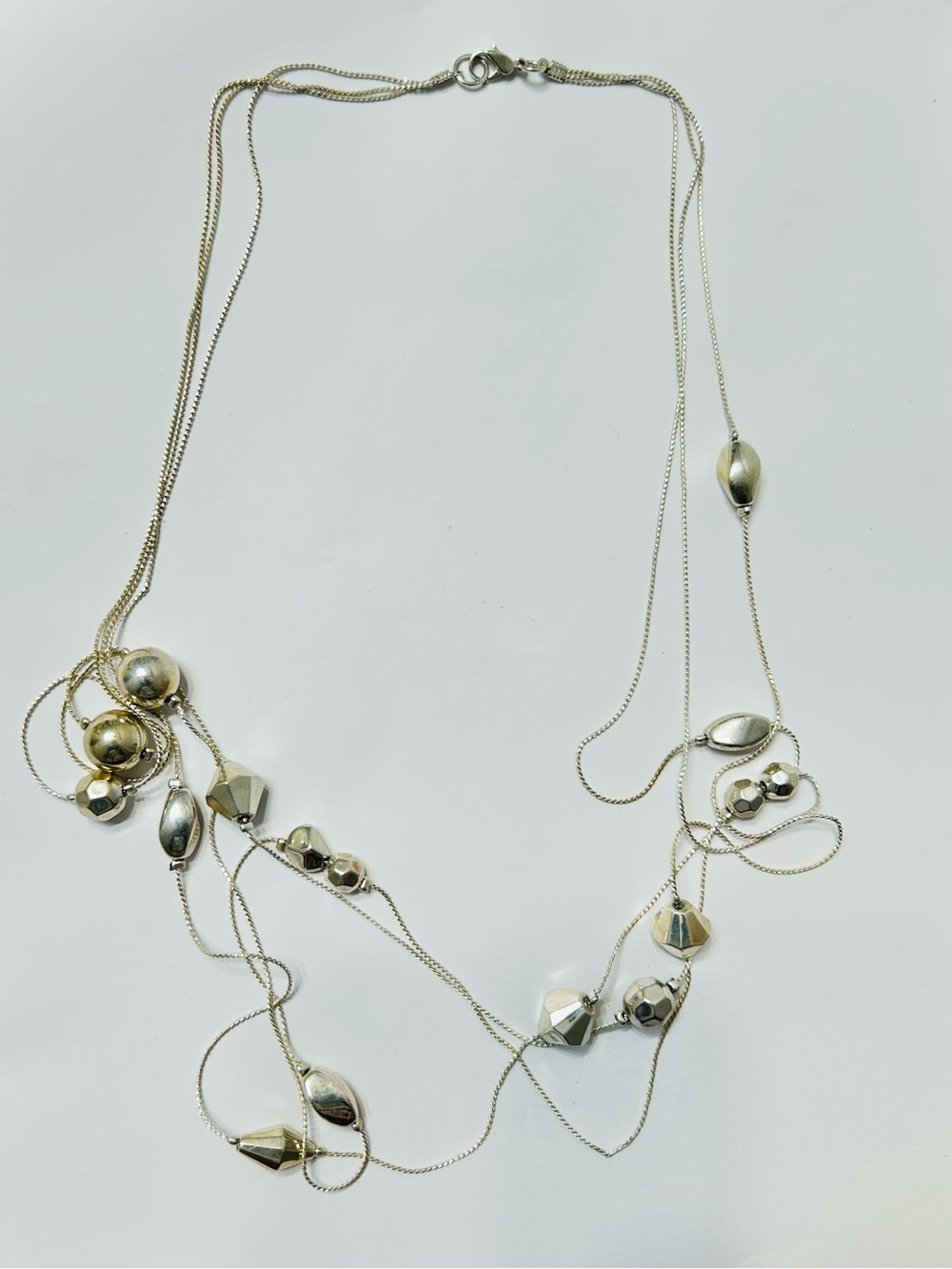 Silver Tone Triple Strand Flat Chain Necklace w/ Silver Beaded Nuggets